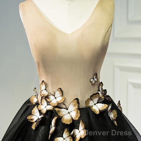 A Line Black Homecoming Dresse Sleeveless Prom Dresses With Butterfly