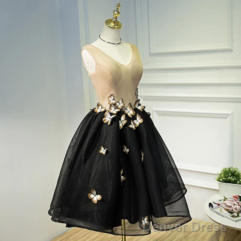 A Line Black Homecoming Dresse Sleeveless Prom Dress With Butterfly