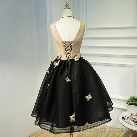 A Line Black Homecoming Dresse Sleeveless Prom Dresses With Butterfly
