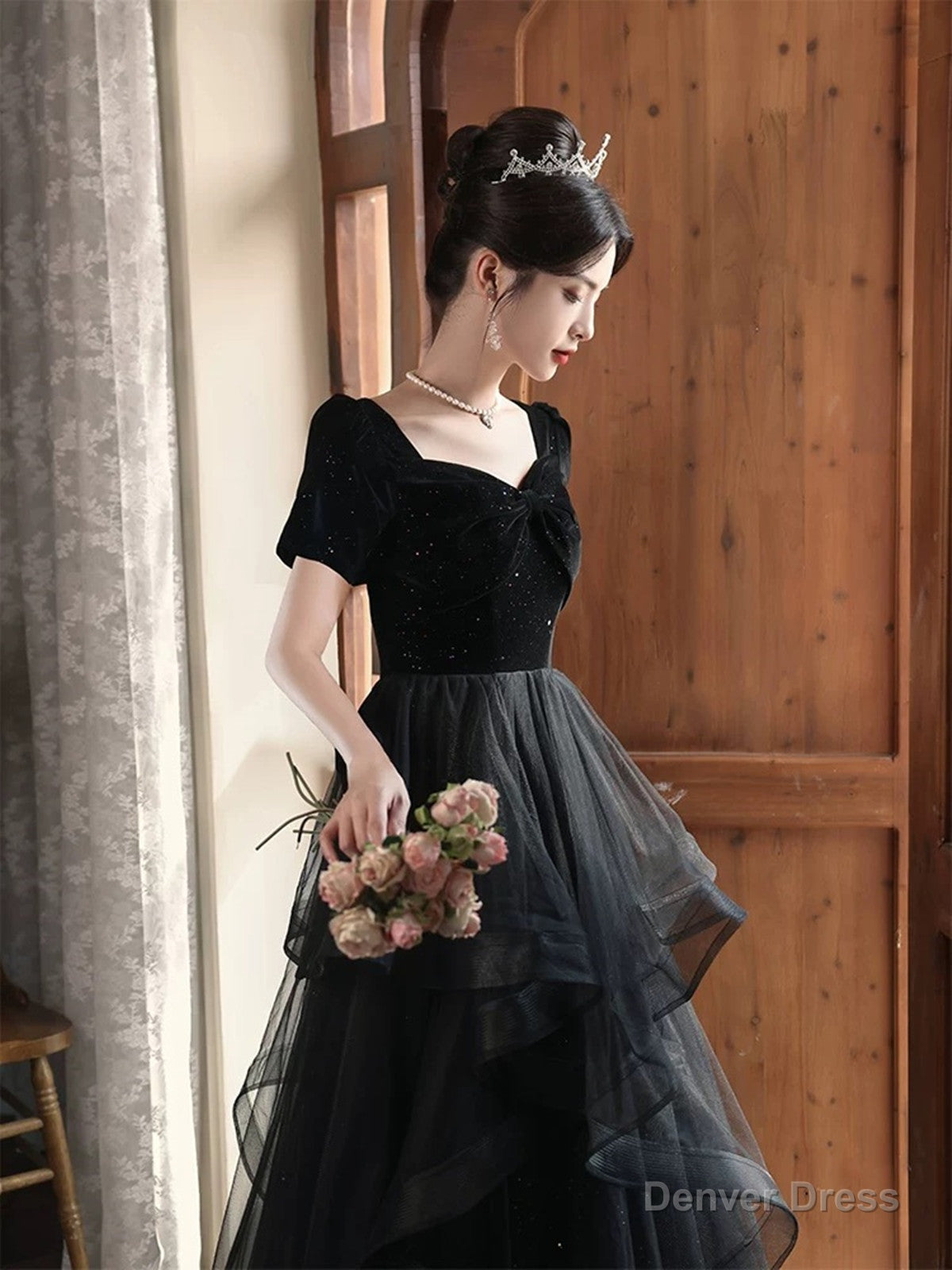 A-line Black Layers Short Sleeves Prom Dress, Black Velvet and Tulle Party Dress Secondary image