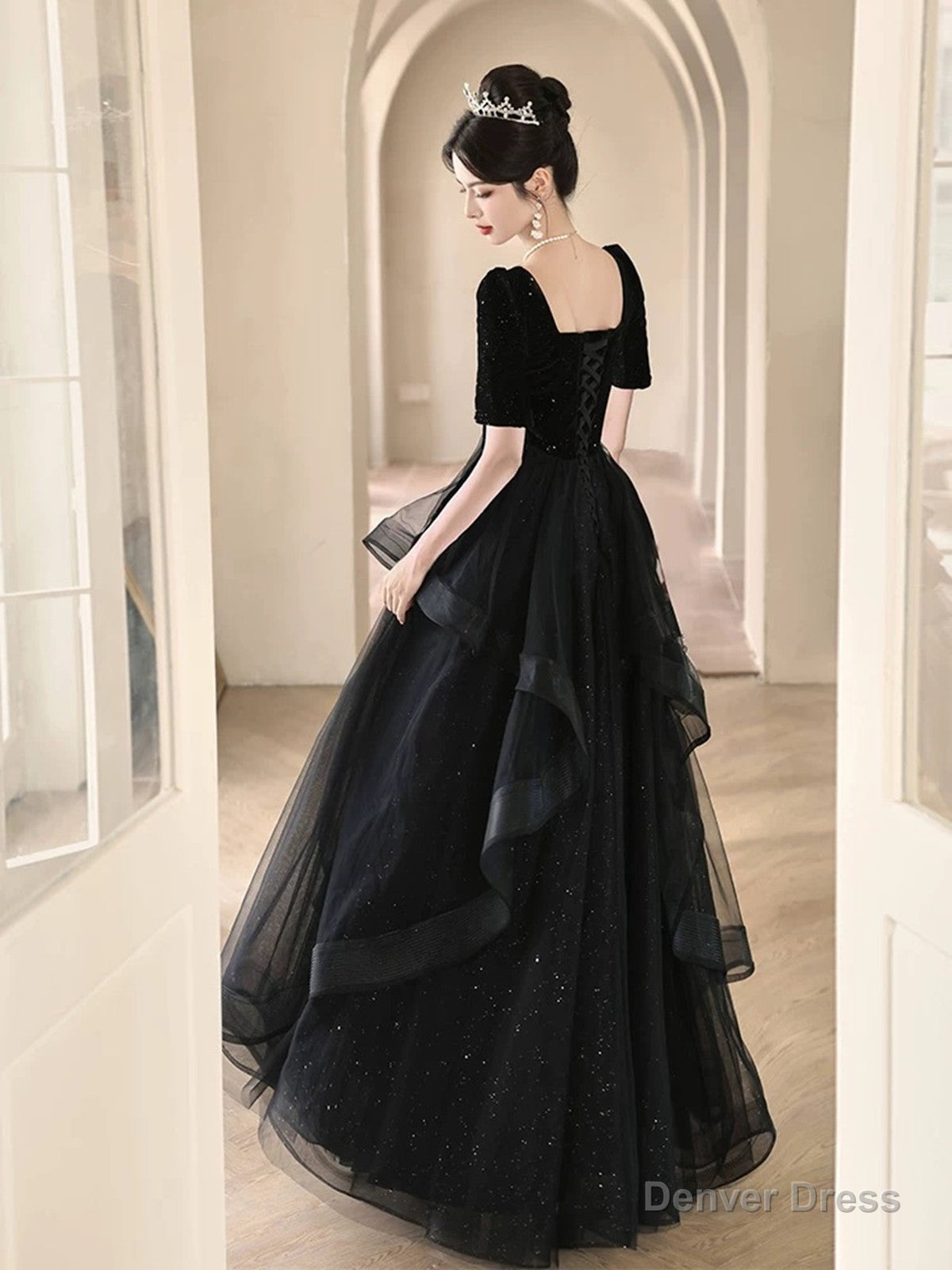 A Line Black Layers Short Sleeves Prom Dress, Black Velvet and Tulle Prom Dresses