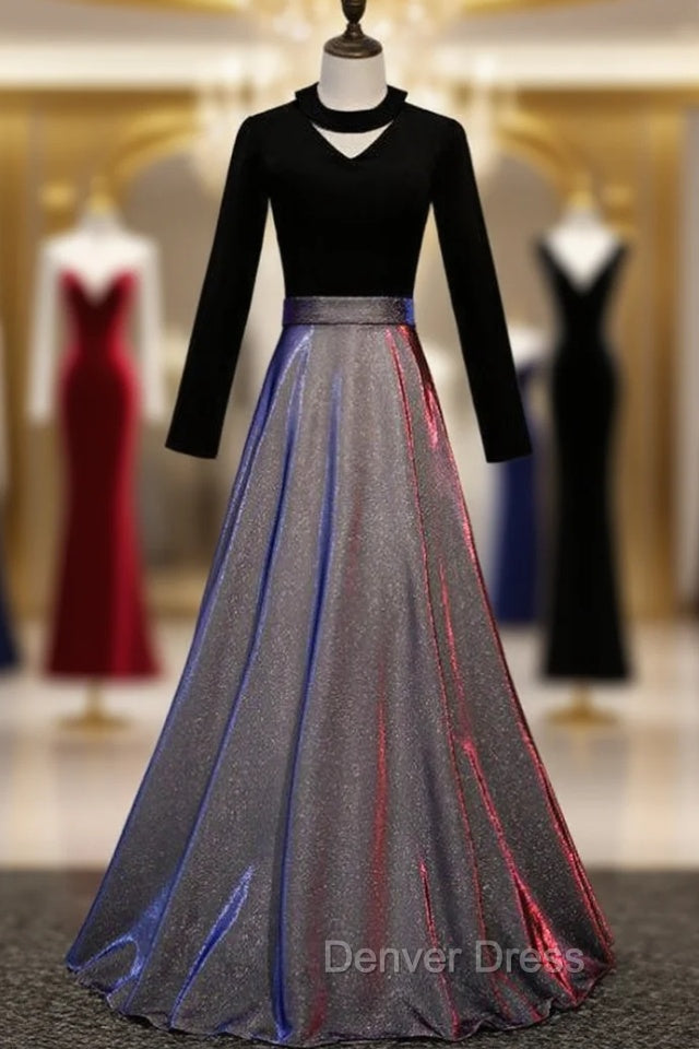 A Line Black Long Sleeve Velvet Prom Dresses
