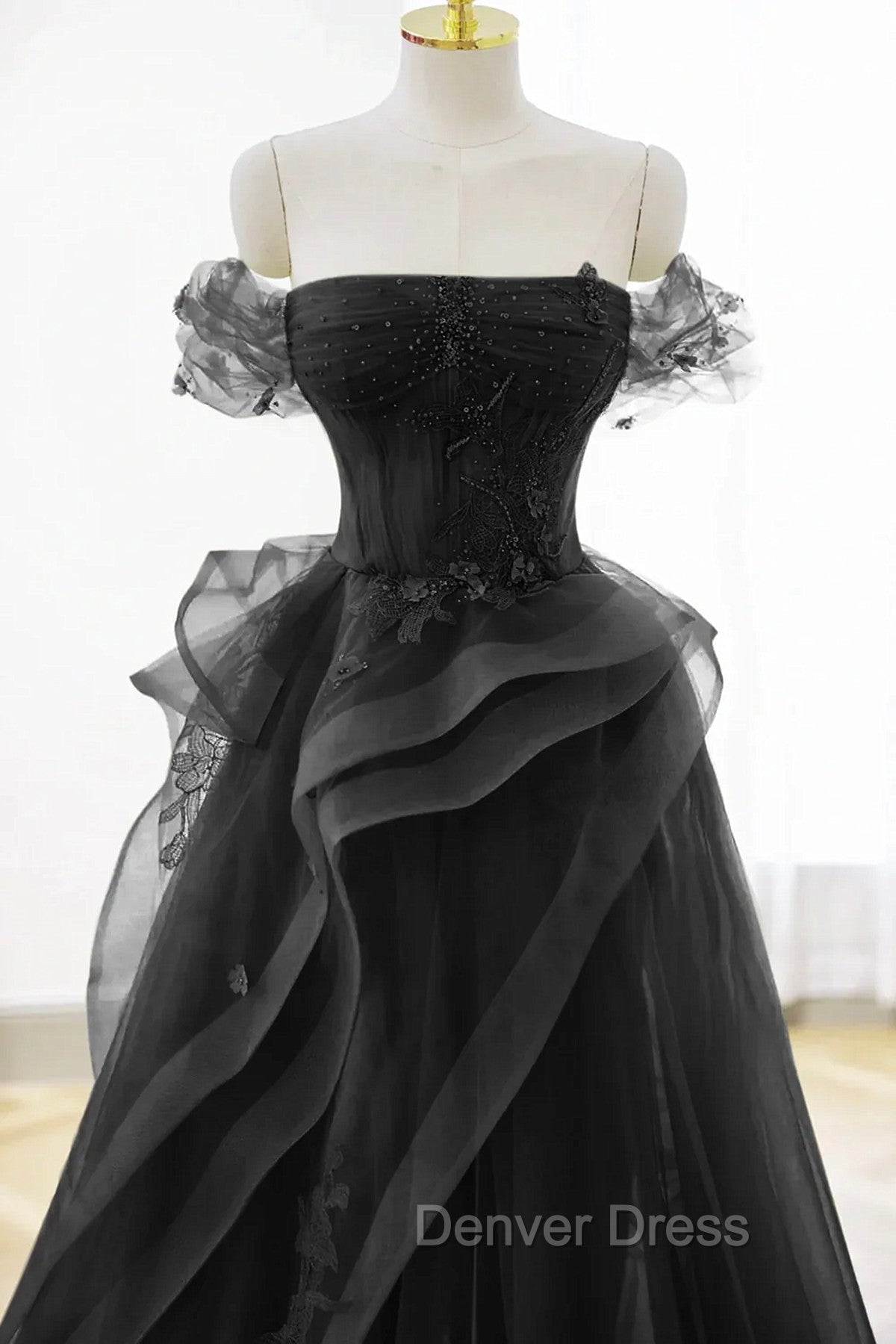 A-Line Black Off Shoulder Tulle With Lace Party Dresses, Black Tulle Prom Dresses Secondary image