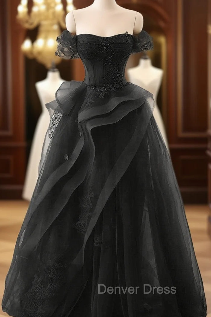 A Line Black Off Shoulder Tulle With Lace Prom Dress, Black Tulle Prom Dresses