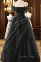 A-Line Black Off Shoulder Tulle With Lace Party Dresses, Black Tulle Prom Dresses