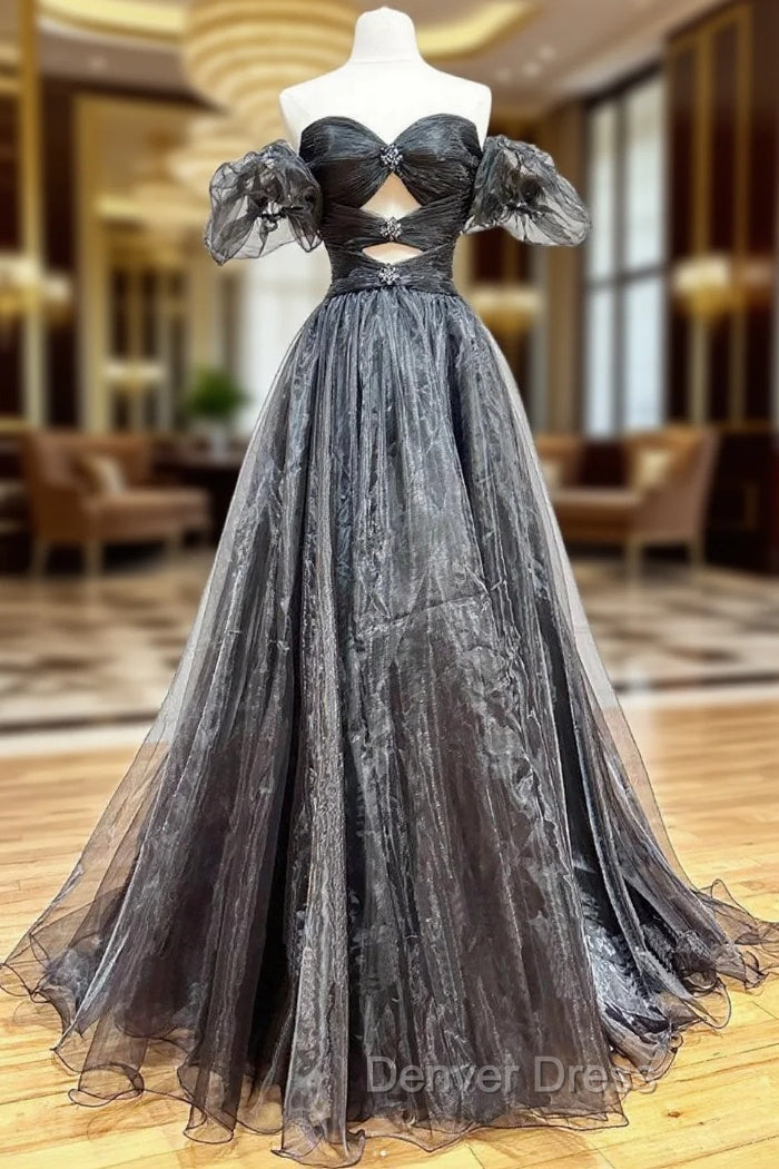 A-Line Black Organza Long Prom Dresses