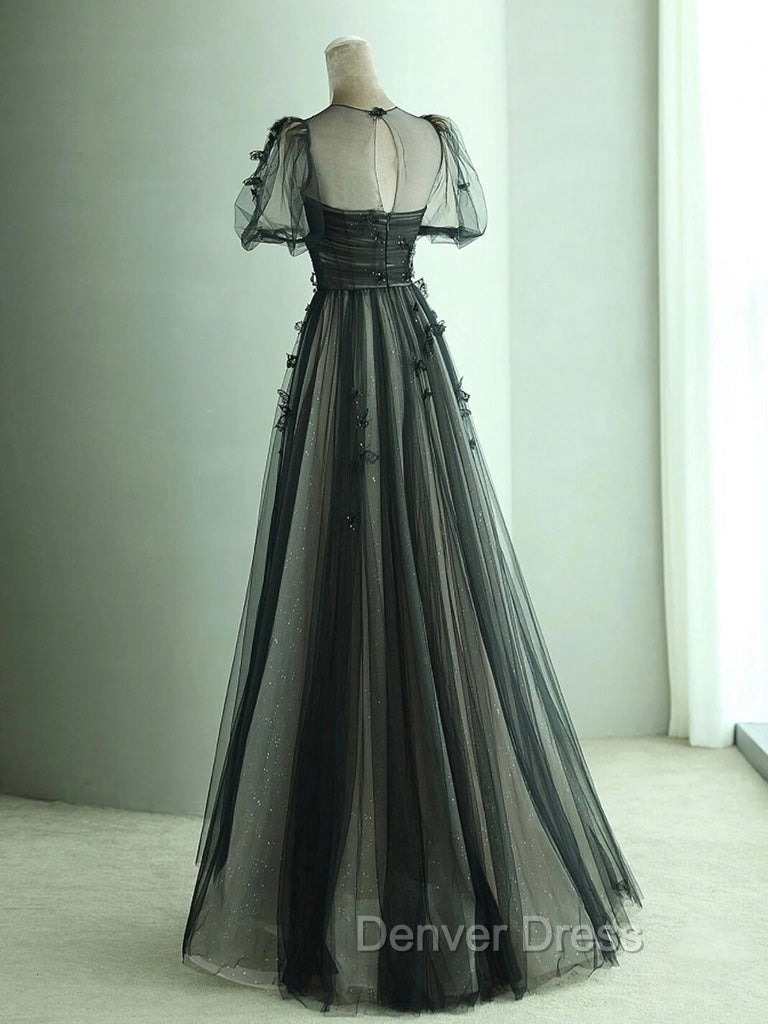 A-Line Black Puff Sleeves Tulle Long Prom Dresses, Black Formal Evening Dresses