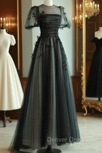 A-Line Black Puff Sleeves Tulle Long Prom Dresses, Black Formal Evening Dresses