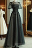 A-Line Black Puff Sleeves Tulle Long Prom Dresses, Black Formal Evening Dresses