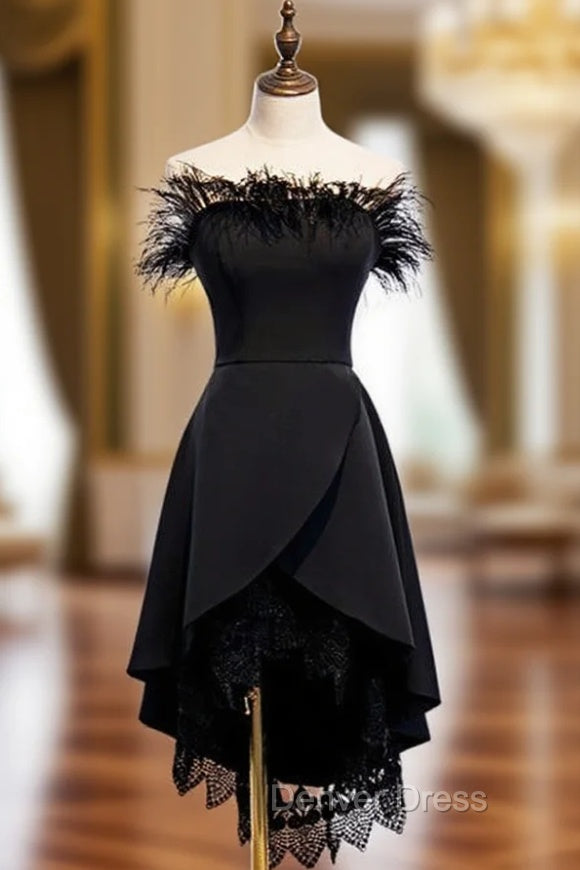 A Line Black Satin Lace Of the Shoulder Prom Dresses