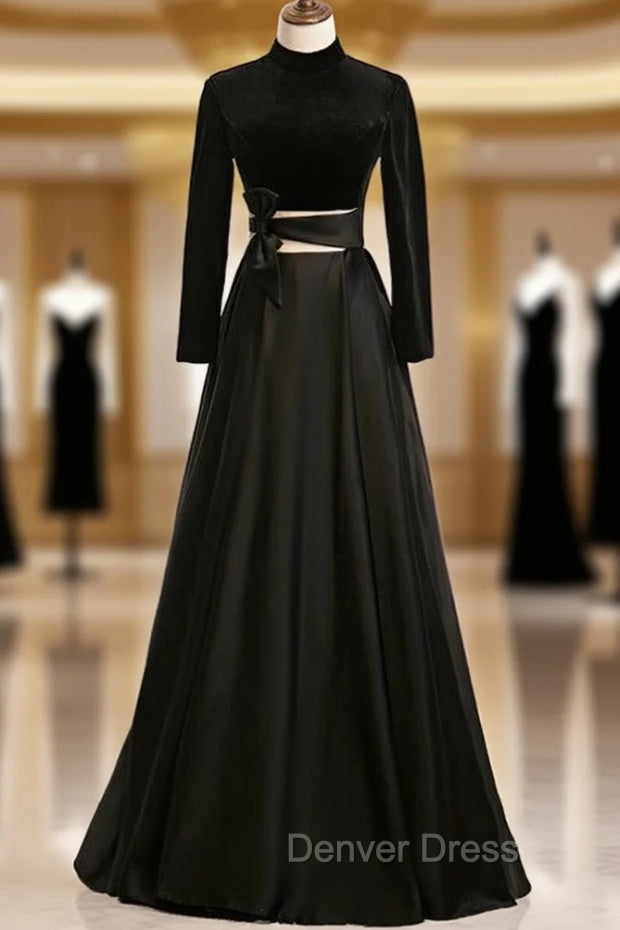 A Line Black Satin High Neck Long Sleeve Prom Dresses Main image