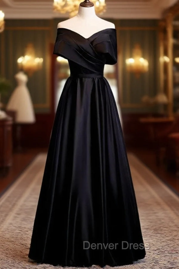 A-Line Black Satin Off the Shoulder Pleats Prom Dresses