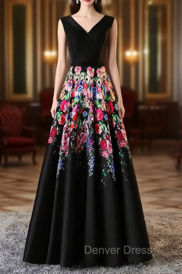 A-line Black Satin Print Prom Dresses
