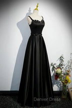A-line Black Satin Straps Long Formal Dresses, Black Simple Prom Dresses