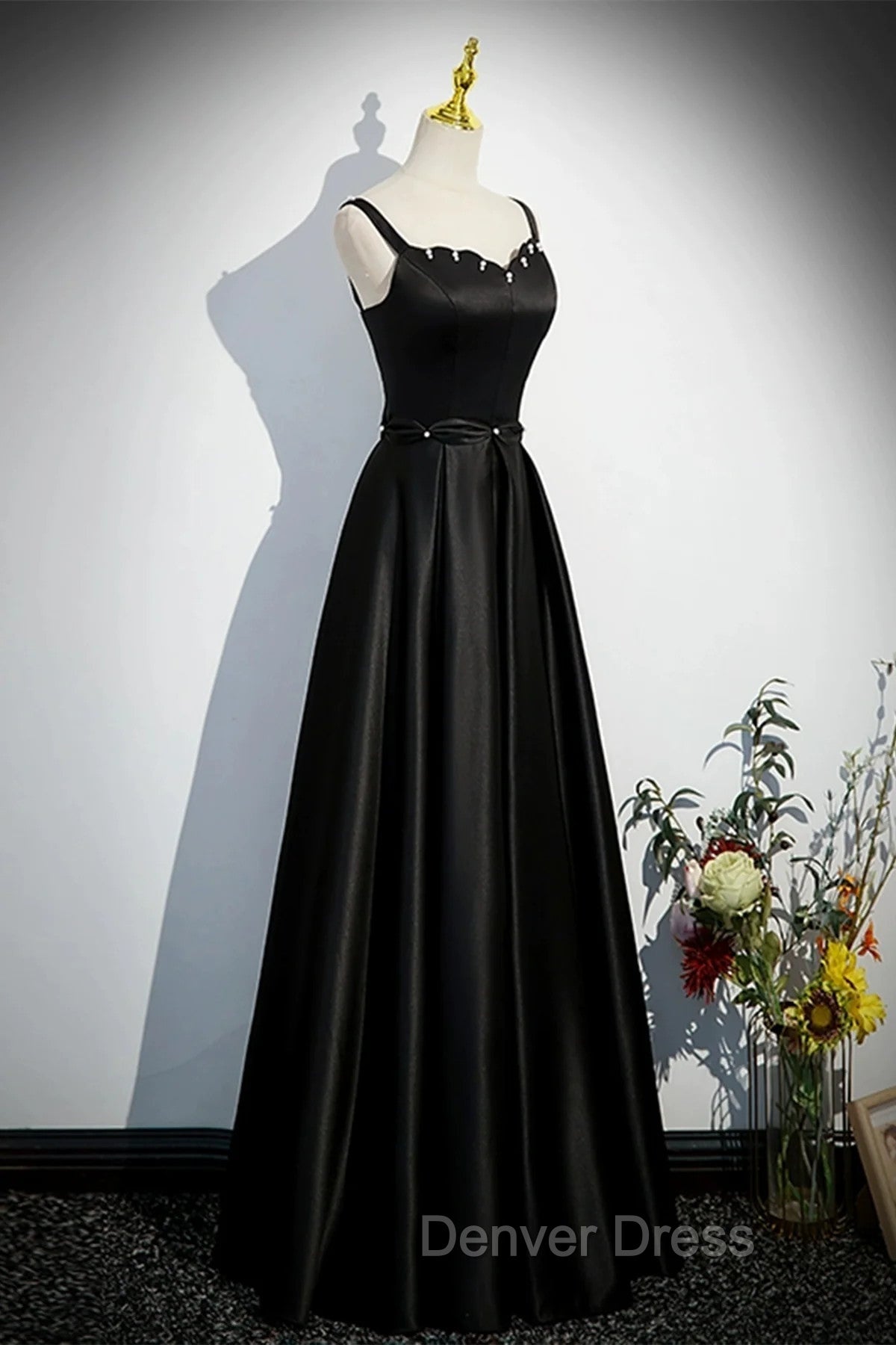 A-line Black Satin Straps Long Formal Dresses, Black Simple Prom Dresses