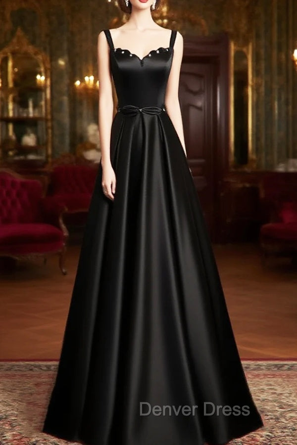 A-line Black Satin Straps Long Formal Dresses, Black Simple Prom Dresses Main image