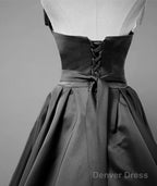 A-Line Black Satin V-Neckline Long Evening Dress, Black Satin Party Dress