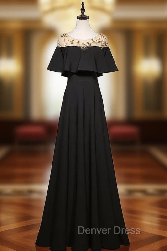 A-Line Black Scoop Neck Beading Prom Dresses Main image