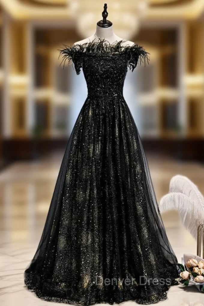 A-Line Black Sequins Off the Shoulder Feather Prom Dresses Main image