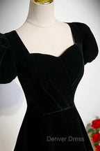 A Line Black Short Sleeves Velvet Long Prom Dress, Black Simple Bridesmaid Dresses