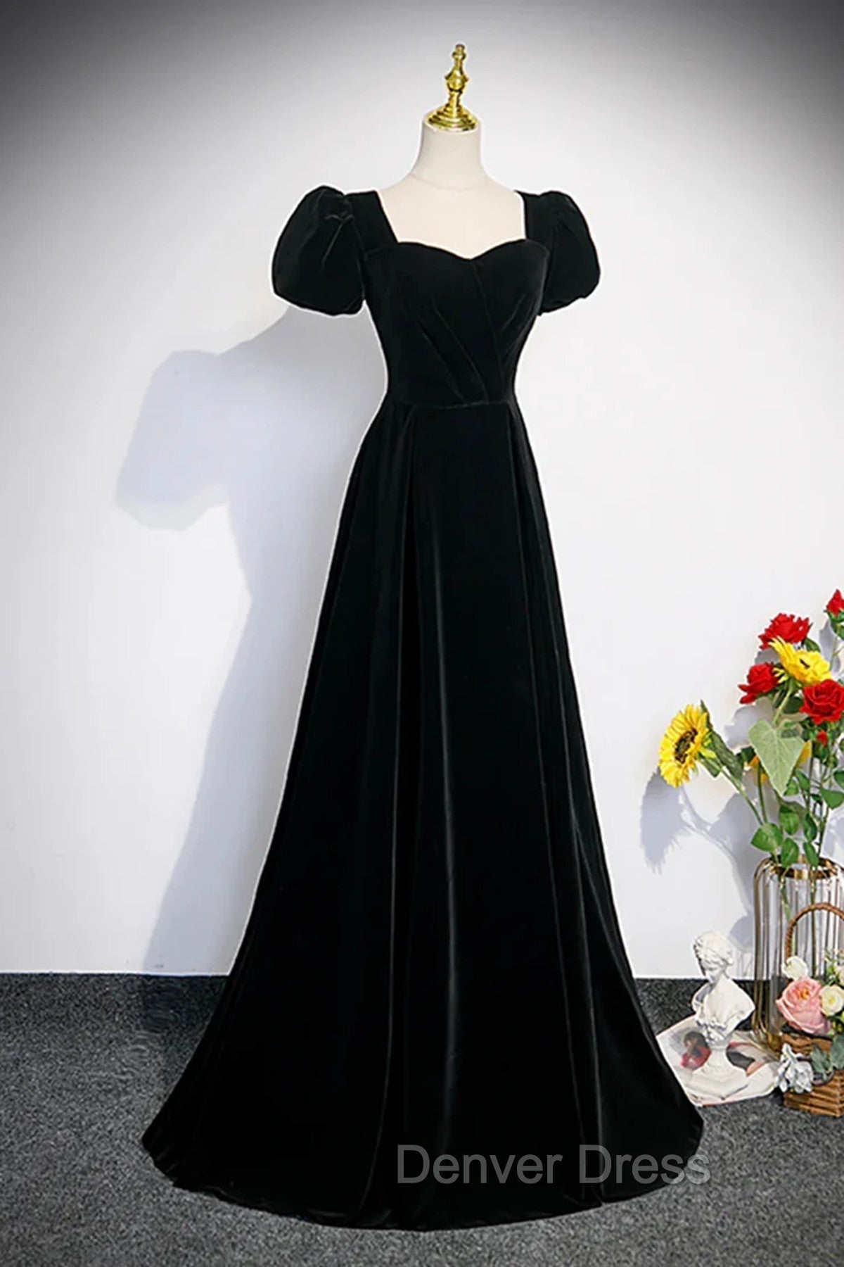 A Line Black Short Sleeves Velvet Long Prom Dress, Black Simple Bridesmaid Dresses
