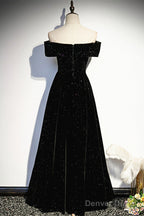 A Line Black Sweetheart Off Shoulder Long Velvet Prom Dress, Black Prom Dresses