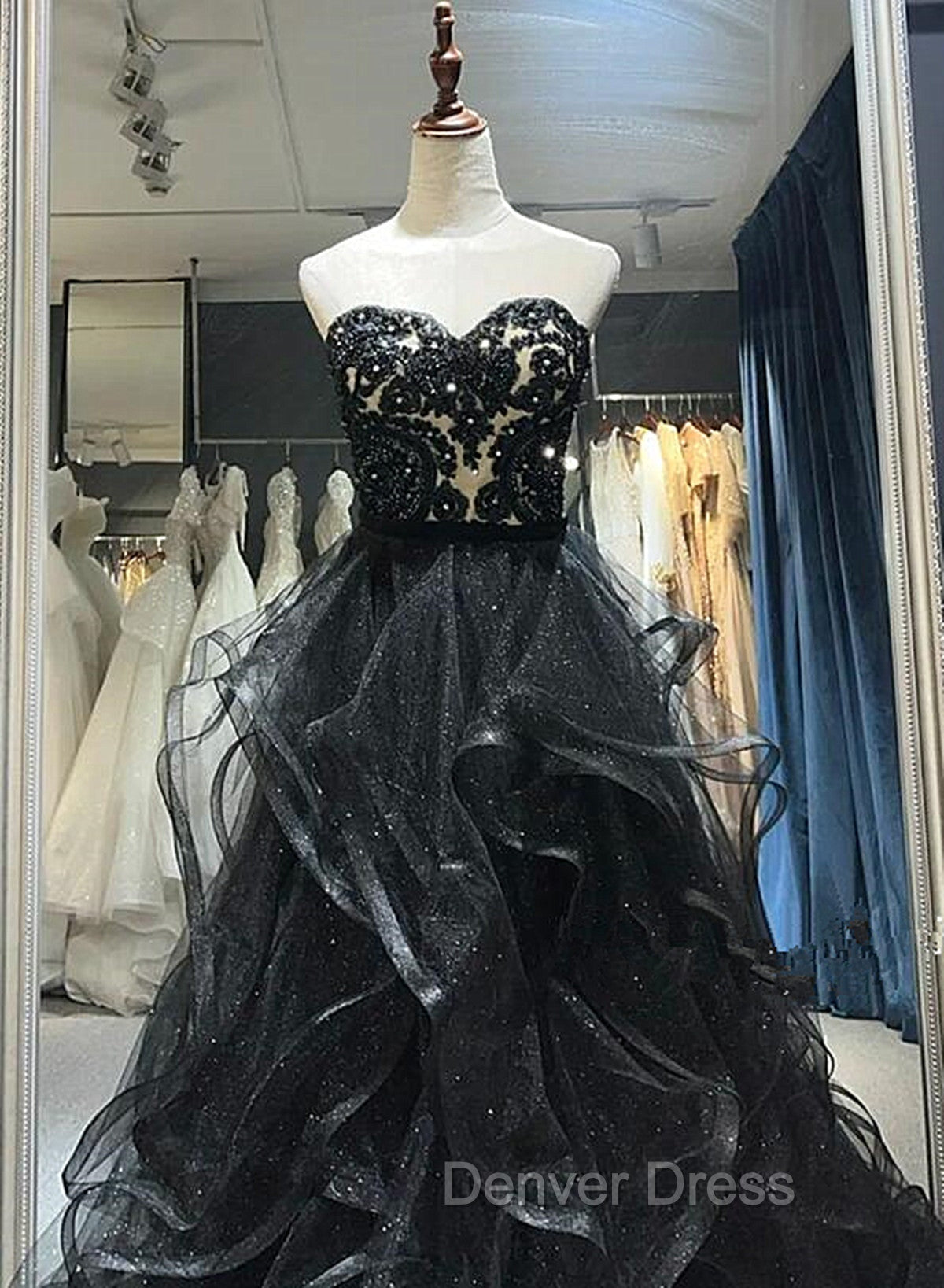 A-line Black Sweetheart Tulle Layers Long Party Dresses, Black Tulle Prom Dresses