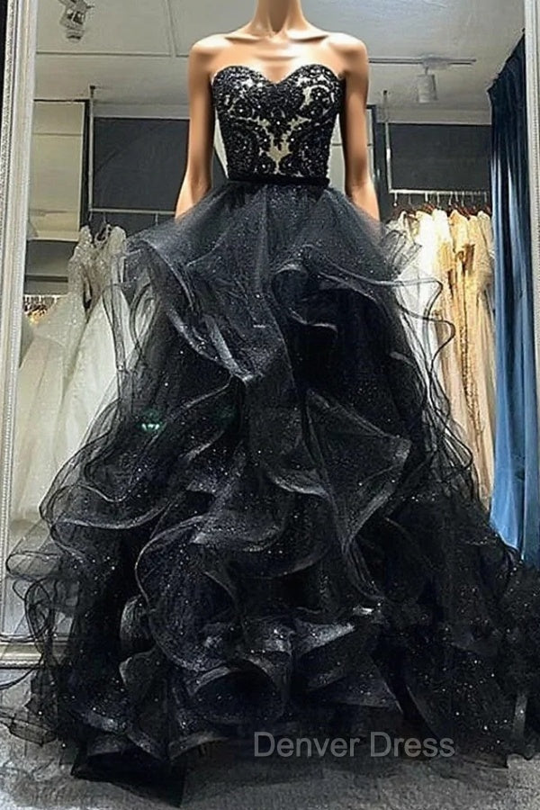 A-line Black Sweetheart Tulle Layers Long Party Dresses, Black Tulle Prom Dresses Main image