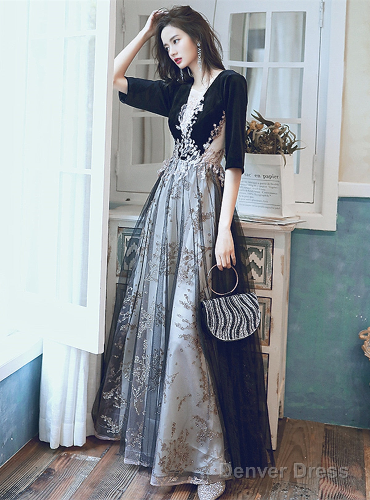 A-Line Black Tulle And Velvet Long Party Dress, Black Prom Dress With Lace Applique Secondary image