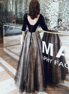 A-Line Black Tulle And Velvet Long Party Dress, Black Prom Dress With Lace Applique