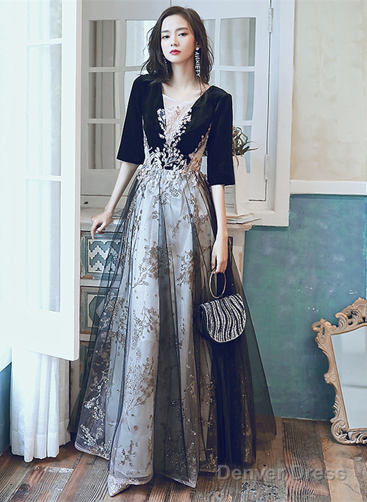 A Line Black Tulle And Velvet Long Prom Dress, Black Prom Dresses With Lace Applique Main image