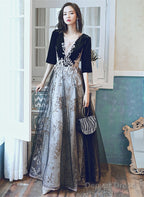 A Line Black Tulle And Velvet Long Prom Dress, Black Prom Dresses With Lace Applique