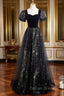 A-line Black Tulle and Velvet Long Party Dresses, Black Prom Dresses