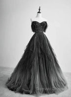 A Line Black Tulle BallGowns Long Prom Dress Beadings Prom Dress