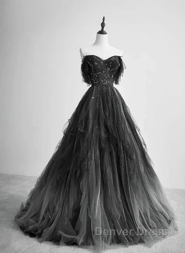 A Line Black Tulle BallGowns Long Prom Dress Beadings Prom Dress