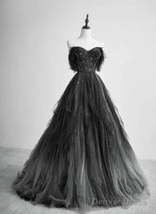 A-Line Black Tulle Ballgown Long Party Dress Beadings Evening Dress Prom Dress