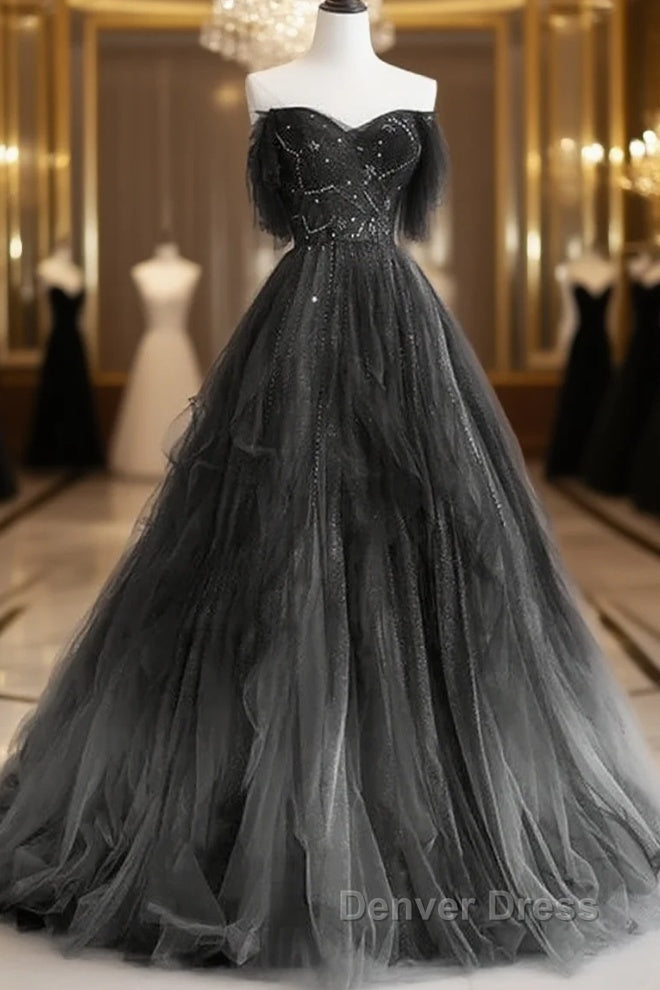 A Line Black Tulle BallGowns Long Prom Dress Beadings Prom Dress