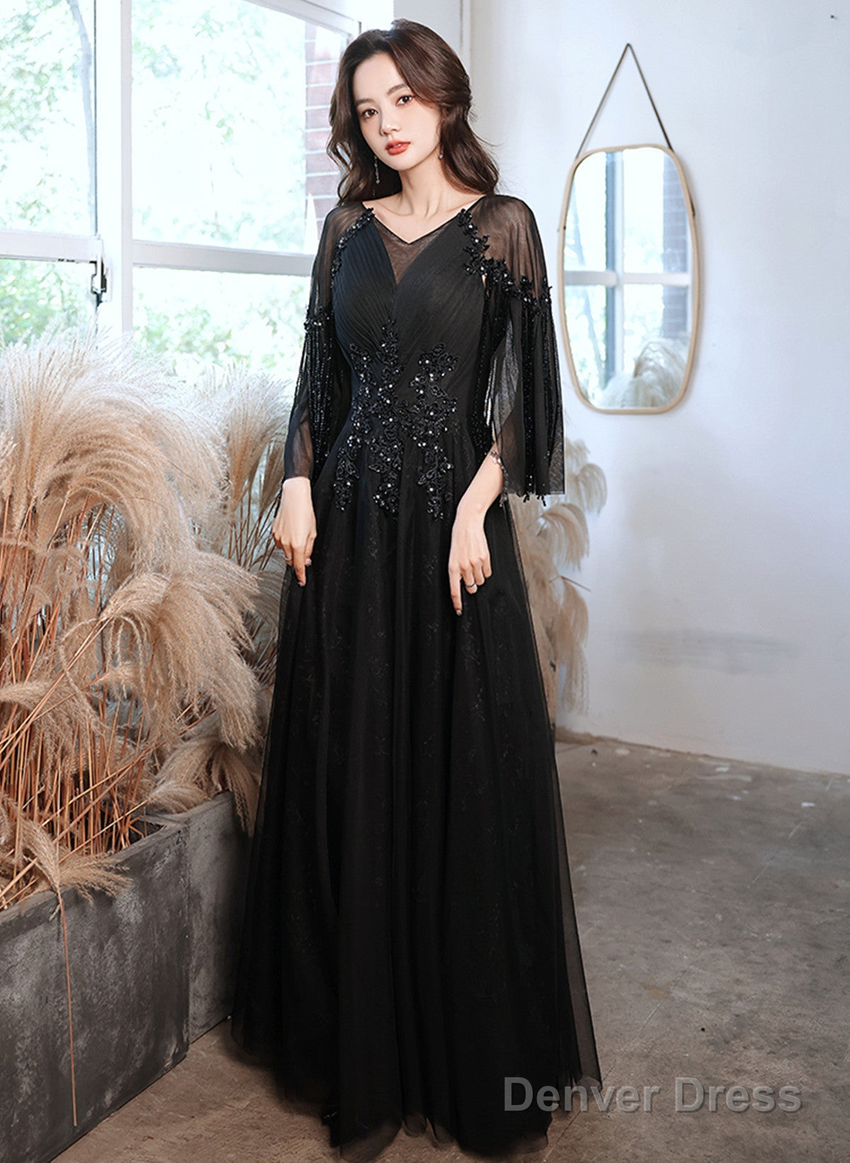 A-Line Black Tulle Beaded Long Formal Dress, Black Tulle Prom Dress Evening Dress Main image
