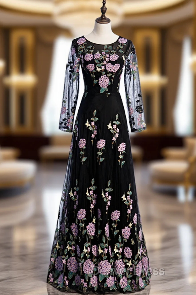 A-Line Black Tulle Embroidery Long Sleeve Prom Dresses Main image