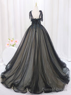 A-Line Black Tulle Lace Long Prom Dresses, Black Long Evening Dresses
