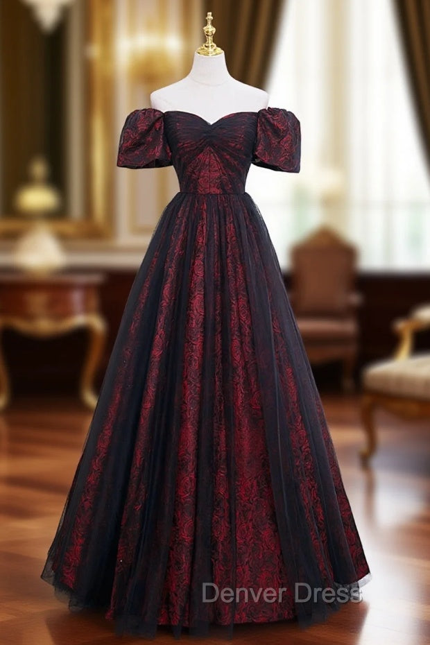 A-line Black Tulle Long Prom Dresses Evening Dresses