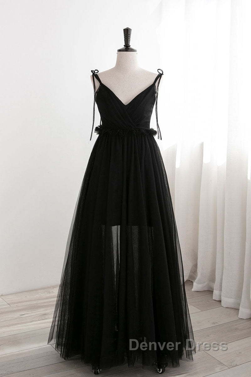 A-Line Black Tulle Long Prom Dresses, Black Formal Evening Dresses