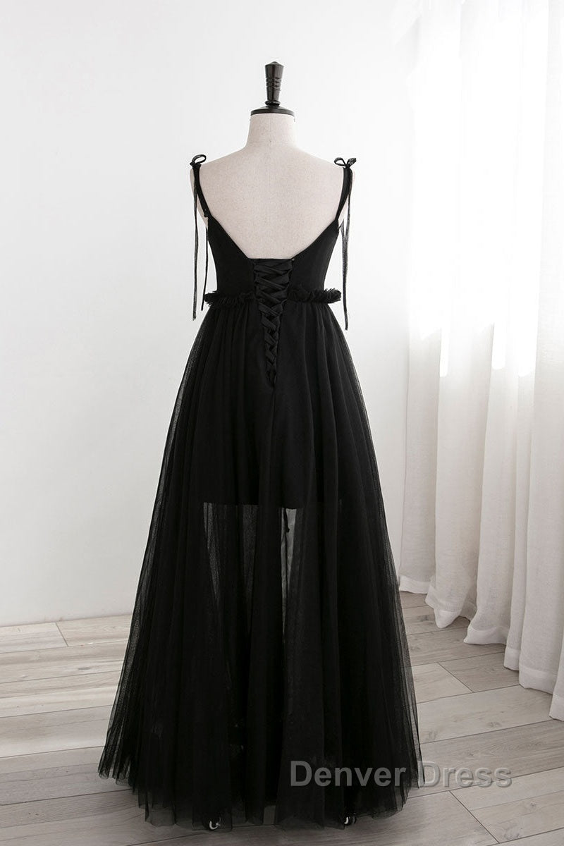 A-Line Black Tulle Long Prom Dresses, Black Formal Evening Dresses