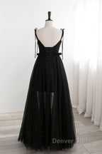 A Line Black Tulle Long Prom Dress, Black Prom Dresses