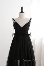 A-Line Black Tulle Long Prom Dresses, Black Formal Evening Dresses