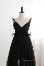 A Line Black Tulle Long Prom Dress, Black Prom Dresses