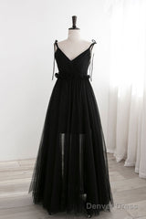 A-Line Black Tulle Long Prom Dresses, Black Formal Evening Dresses