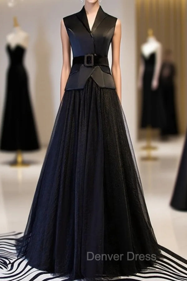 A-Line Black Tulle Satin V-neck Prom Dresses With Sash