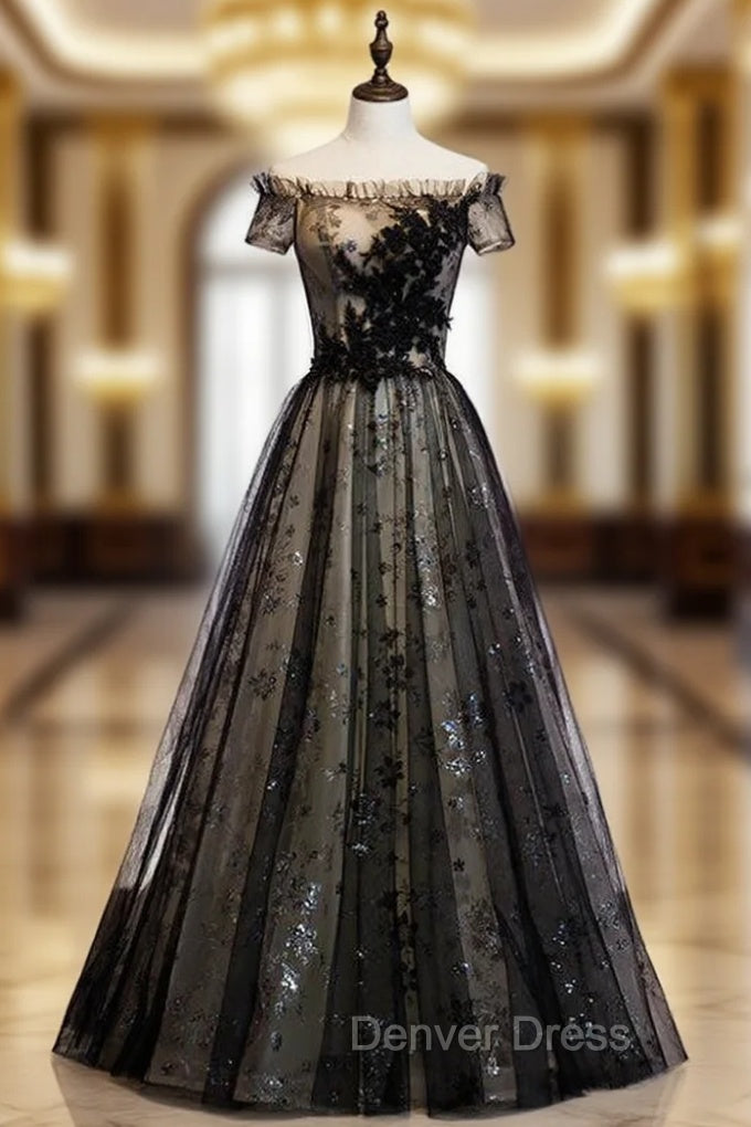 A Line Black Tulle Sequins Off the Shoulder Long Prom Dresses