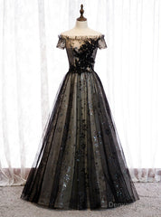A-Line Black Tulle Sequins Off the Shoulder Long Prom Dress
